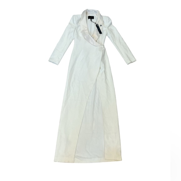 BCBGMaxazria Sz 0 Luciano Gardenia Maxi Low Cut Tuxedo Dress High Thigh Slit NWT - Picture 2 of 6